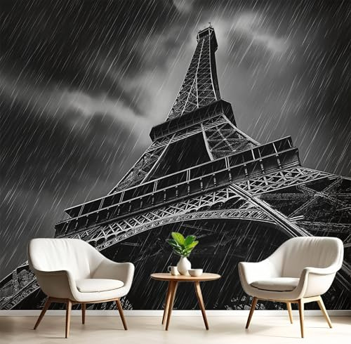Tapete 3D Fototapete Vintage Eiffelturm 250X175Cm Wandtapete Wandbilder Regennachtlandschaft Druck Foto Tapeten Wanddekoration Für Wohnzimmer Schlafzimmer Schwarz Weiß Tapete Motivtapeten