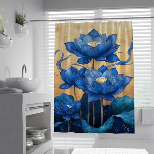 Rideau de Douche Oriental Vintage Fleuri Bleu Lotus Design Rustique Pays Baignoire décor Crochet de Douche en Plastique Taille Standard 153x183cm