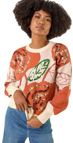 Roman Originals Women Sparkly Embellished Jumper Ladies Diamante Sequin Hotfix Winter Sweater NYE New Year's Eve Christmas Party Going Out Shiny Smart Work Pullover - Ivory Multi - Size 12