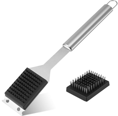 Grillbürste Edelstahl 3-in-1, Bürstenfreie Grillbürste für Grillrost aus Guss Eisen,Grill Cleaning Brush Stainless Steel with1Replacement Grill Brush, Best Grill Accessory, Charcoal