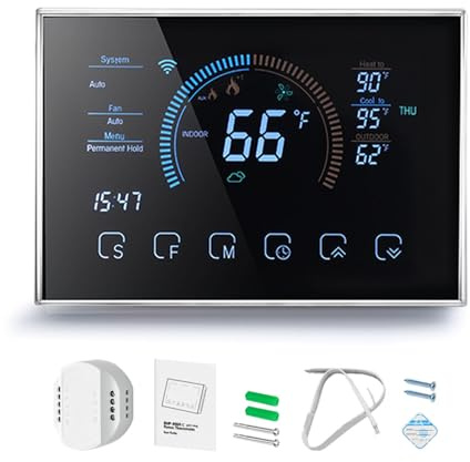 Smart Thermostat LCD Color Touch Screen APP Control Heat Pump Thermostat with C Wire Adapter (Black)