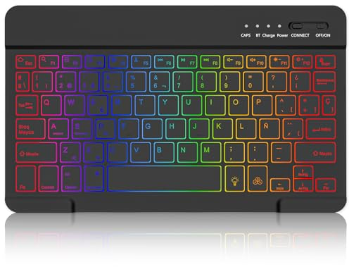 MMK Teclado inalámbrico Bluetooth para iOS, Android and Windows, Español Ñ | Teclas Silenciosas, Retroiluminado de 7 Colores Bluetooth Teclado para iPad, iPhone, Samsung, Lenovo, Huawei y más, Negro