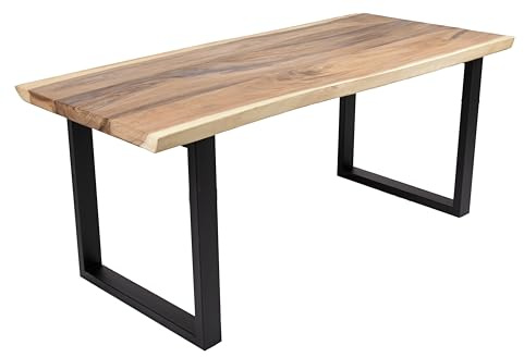 DELUKE Esstisch Tessa mit Baumkante Suarholz 180x80x77cm | Holztisch mit Metallgestell Baumkantentisch Tischbeine Schwarz
