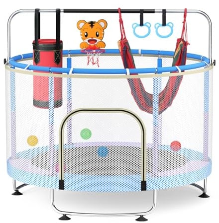 Trampolín infantil de 150 cm con barra de gimnasia, para interior y exterior, minitrampolín para niños con red de seguridad, aro de baloncesto y columpio, altura ajustable, soporta hasta 150 kg