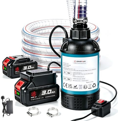 ONEVAN 4164L/H Cordless Submersible Water Pump 2x3.0Ah Batteries & 2M Hose | 60 Mins+ Runtime, 16 Mins Empty 1100L Hot Tub, Brushless Motor, for Swimming Pool, Garden, Hot Tub