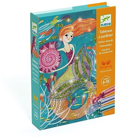 DJECO Glitzersand Bastelset Meerjungfrauen, Kreativset für Kinder ab 6 Jahren, 4 Bilder mit Glitzer, Bastelpackung mit Pinsel & Sand, Mädchen DIY Bastelspaß