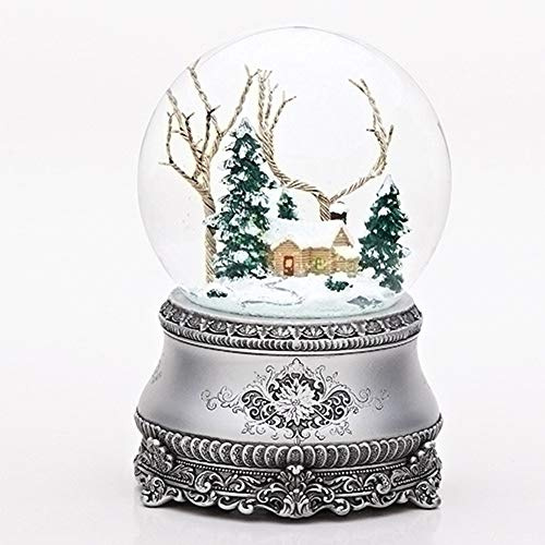 Roman 5.5 Cottage with Tree Glitter Silver Base 100mm Dome Plays I'll Be Home for Christmas