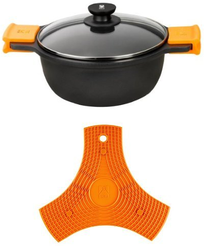 BRA EFFICIENT - Cacerola alta con tapa de cristal y asas de silicona, 32 cm + Salvamanteles de silicona multiusos BRA Safe 2 unidades