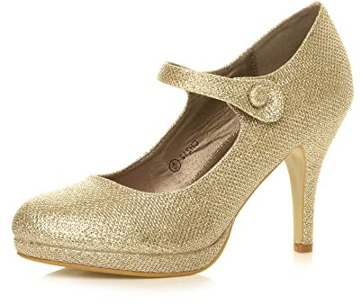 Womens Ladies mid high Heel Mary Jane Strap Evening Court Shoes Pumps, Gold Mesh Glitter, 4 UK