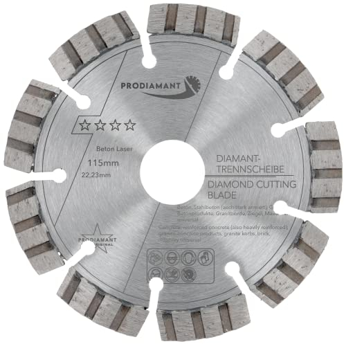 PRODIAMANT Laser Diamanttrennscheibe 115mm Beton Stahlbeton Stein und Ziegel Diamant Turbo-Segmente lasergeschweißt
