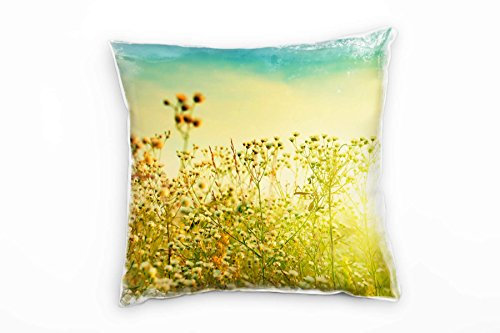 Paul Sinus Art Blumen, grün, türkis, gelb, Sonnenuntergang, Herbst Deko Kissen 40x40cm für Couch Sofa Lounge Zierkissen - Dekoration zum Wohlfühlen