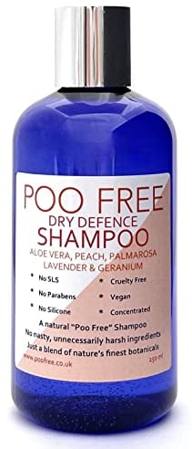 POO FREE - Dry Defense Shampoo for Curly Hair - 99% Natural - Aloe Vera, Peach, Lavender, Geranium. Sulfate/Parabens Free. Gentle, Concentrated. pH 5.5 For Sensitive Skin. 250ml