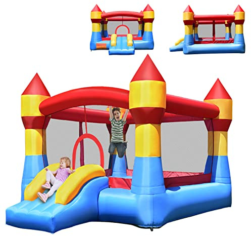 COSTWAY Château Gonflable avec Toboggan, Aire de Jeux Gonflable avec Maison de Saut, Charge 135kg pour 3 Enfants de 3-10 Ans, 370 x 280 x 230 CM, sans Souffleur