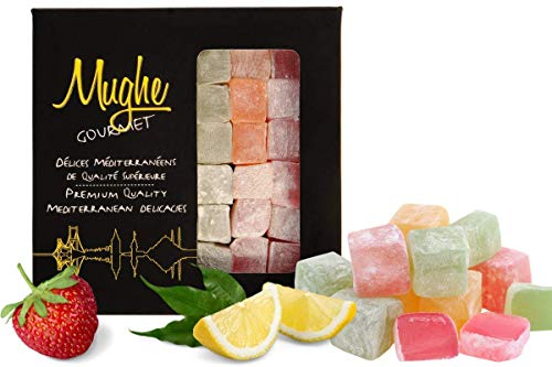 Mughe Gourmet Caja de Regalo Elegante de Delicias Turcas -370g/13.05oz- Halal, Vegano Sabores Frutales de Lokum: Rosa, Fresa, Limón, Naranja, Menta -Regalos para Ocasiones Especiales, Día de la Madre