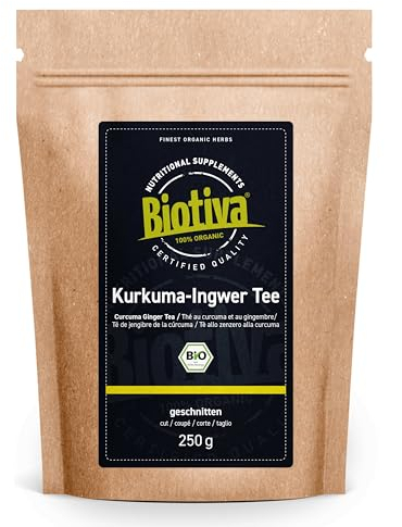 Kurkuma & Ingwer Tee Bio 250g - hochwertige Kurkumawurzel (Curcuma longa) und Ingwerwurzel (Zingiber officinale) getrocknet - Abgefüllt und kontrolliert in Deutschland - Biotiva