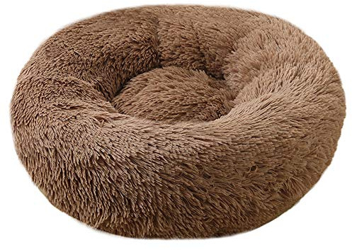 BODISEINT Faux Fur Dog Bed, Shag Round Anti-Anxiety Pet Calming Doughnut Cuddler for Medium Large Puppy Dog Cat Kennel Cushion Self Warming Bed (28'' D x 8'' H, Coffee)