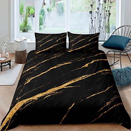 Tbrand Marmor gedruckt Bettbezug Set 135x200cm Schwarz Golden Marmor Bettwäsche Set Schick Modern Marble Design Betten Set für Frauen Männer Schlafzimmer Dekor Abstrakte Kunst