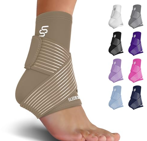 Sleeve Stars Ankle Brace for Women & Men, Ankle Wrap for Sprain, Compression Sleeve for Plantar Fasciitis Relief, Easy Customizable Support: w/Removable Strap (Single/Beige)