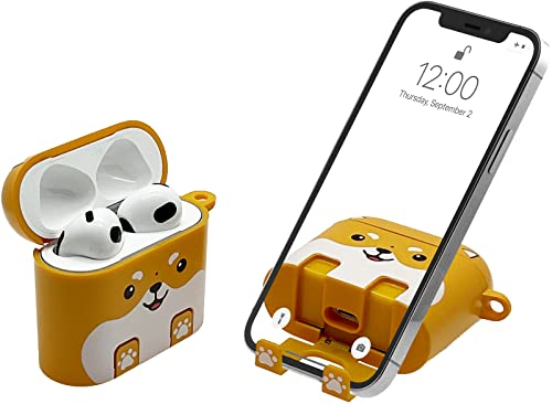 AirStand - AirPods 3 Case Cover mit unsichtbarem Telefonständer, kompatibel mit AirPods 3, voller Schutz stoßfestes Gehäuse mit Schlüsselanhänger Karabiner (Hund)