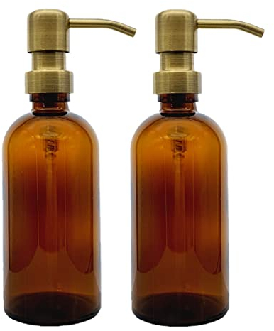 2 PCS Avalon Amber Glass Soap Dispenser Bottles 300ml with Metal Pumps (BPA-Free) Lotion Pump/Soap Dispensers – Reusable Refillable Eco friendly, Sustainable Living/Gift (Vintage Brass Style Pump)