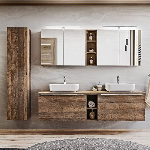 Lomadox Badmöbel Komplett Set Vintage Oak Eiche, 180cm Doppel Waschtischunterschrank, 2 Keramik Waschbecken, Regale, 2 LED-Spiegelschränke, Hochschrank