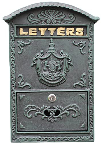 OWIEN An der Wand befestigter abschließbarer vertikaler Briefkasten, Dekorativer Vintage-Briefkasten aus Gusseisen für den Innen- und Außenbereich (Color : Green, Size : 10.8 x 4.0 x 15.7)