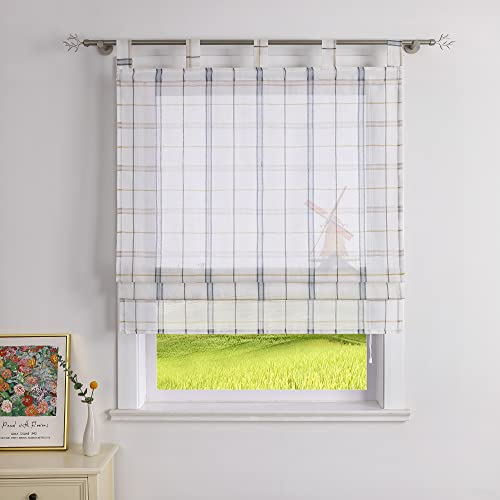CORLIF Raffrollo mit Schlaufen Transparente Raffgardinen Kariert Schlaufenrollo Landhaus Rollos Küche mit Karo Muster Kurze Fenster Gardine Plaid B/H 100/140 cm,Blau