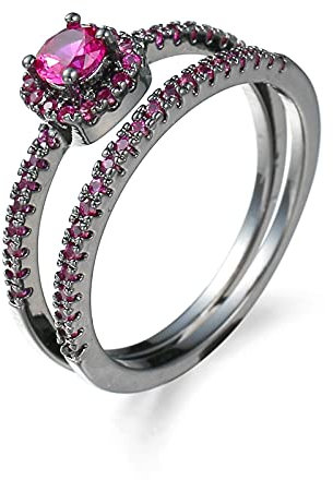 Wycian Damenringe mit Rotem Stein, Ring 60 Doppelring mit Rotem Zirkon Schwarz Rot Heiratsantrag Ring für Braut