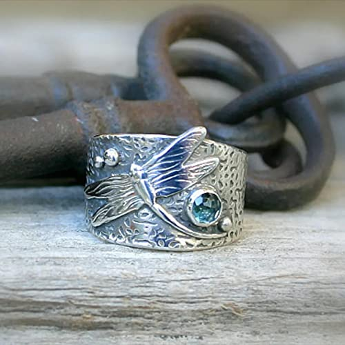 Bysonglezai Ring Damen Ringe Herren Frauen Geschenk Vintage Runde Seeblau Stein Frauen Ringe Trendy Carving Libelle Breite Ringe Verlobungsfeier 10