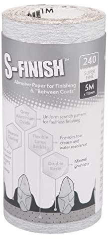 Axus Decor S-Finish Finishing & Between Coats Abrasive Paper (Grey Series) Non-Stick & Long Lasting, Suitable for Light Metal Polishing and Professional Painter's & DIY Projects, 5m x 115mm, 240 grit