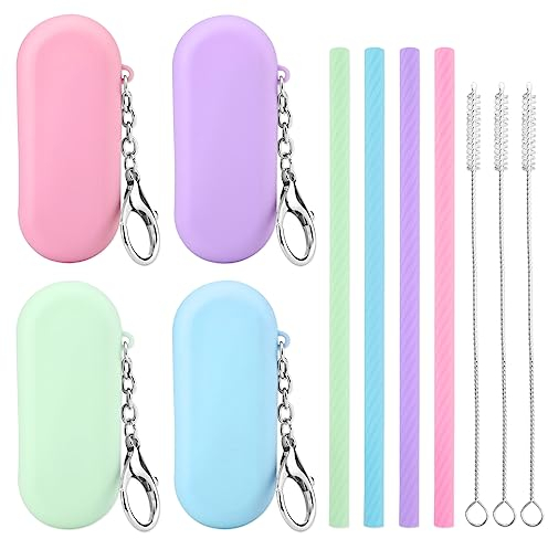 Cobee 4 Ensembles de Pailles en Silicone Réutilisables, Pliables Boîte de Rangement Colorée Portables avec Porte clés Voyage Brosse de Nettoyage en Profondeur, Thé à Bulles, Boissons Froides/Chaudes