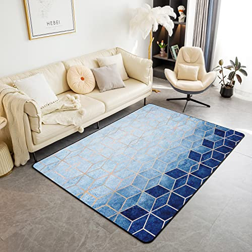Loussiesd Honigwabenbereich Teppich 100x150cm Moderne Geometrie Hexagon Thema Innenbodenmatte Geometrische Teppiche für Wohnzimmer Schlafzimmer Dekor Bienenstock Blau Akzent Teppich