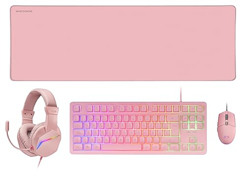 MARSGAMING MCP-RGB3, Pack Gaming-Tastatur Fixed RGB + Gaming-Maus RGB Flow 3200 DPI + Headset Over-Ear RGB + XXL Mousepad, Pink, Französische Sprache