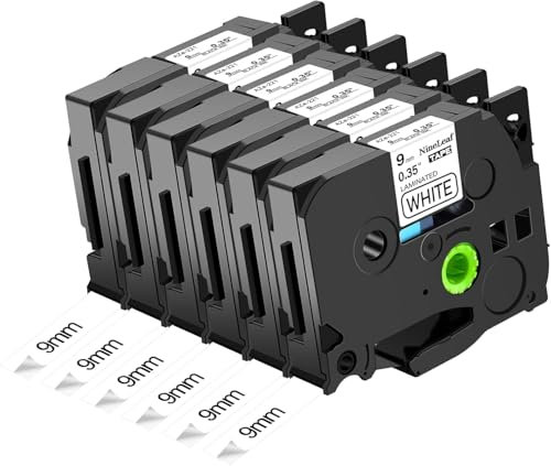NineLeaf 6x Kompatibel mit Brother P-touch Bänder 9mm Weiß Tze 221 TZe-221 Ersatz für Brother P touch Schriftband TZ Tape 9mm 0.35 für Brother Ptouch H105 H107B H100LB H108 D210 D400 1000 1280