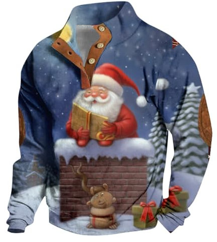 Pullover Für Herren V-Ausschnitt Mit Knopfleiste Sweatshirt Pulli Drucken Herren T Shirt Top Mode Hoodie Herren Oversize Retro Sweater Weich Freizeithemden Für Herren Oberteil Sweatjacke(3-Navy,L)