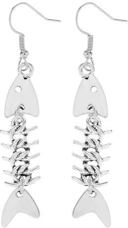 Mabor Ohrringe Fisch Skelett, Grunge Accessoires Ohrhänger Ohrschmuck Fischgräten Zinklegierung Lange Coole Weird Ohrringe Silber Y2k Punk Gothic Schmuck Fischhaken Hängend Schräge für Frauen Mädchen