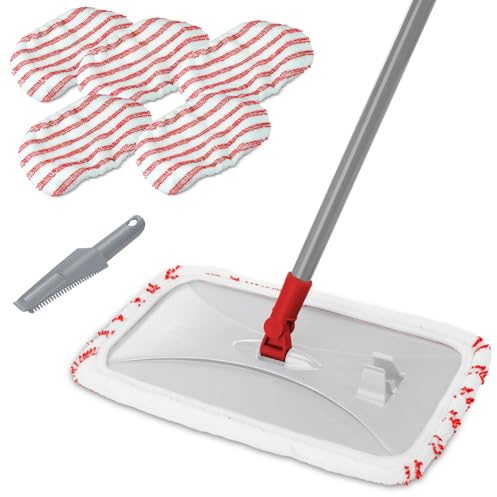 Masthome Extra Large Microfiber Mop for Floor Cleaning, 16“ Flat Mop with 5 Pad for Wet & Dry Use, Dust Mop for Hardwood Laminate Tile Ceramic, 1 Cleaning Scraper Included-Red