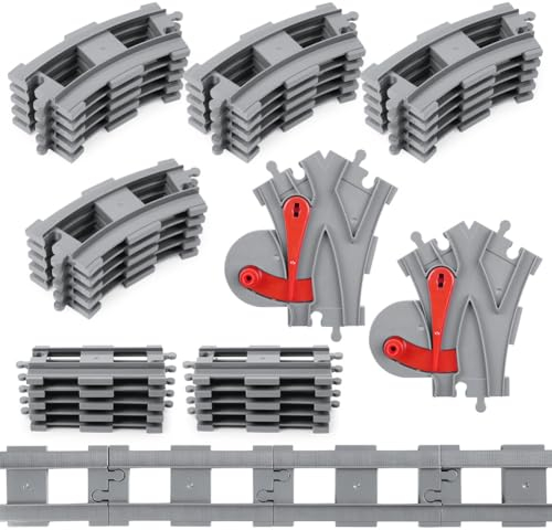 HOTUT Bausteine Zug Schienen, 32 Stück City Zug Schienen, Bausteine Zug Schienen Set Kompatibel mit dem Marktführer, Umlaufbahn ändern, Gerade, Kurven Schienen, Spielzeug Geschenk für Kinder