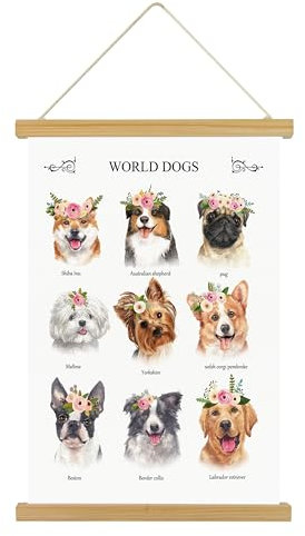 XIAOAIKA World Dogs Wandkunst, pädagogisches Poster mit Holzaufhänger, hochauflösender Druck, perfekt für Klassenzimmer, Kinderzimmer und Heimdekoration, 30 x 40 cm