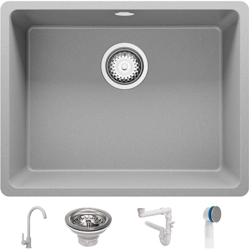 Venecia Slim Easy de Primagran - Fregadero Granito Gris 56x44cm, Cocina 1 Seno + Sifón + Grifo, Sobre Encimera al Mueble 60cm