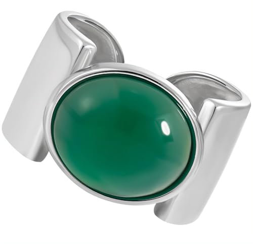 NicoWerk Ring Silber 925 Damen - Breiter Silberring mit grünem Stein, Bandring für Frauen - Statement Ring - SRI1081