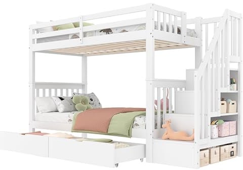 HAINEW Kinderbett Etagenbett 90×200cm mit Stauraum Treppe und 2 Schubladen für 2 Kinder, Holzbett Hochbett Stockbett mit Lattenrost und Rausfallschutz für Jungen oder Mädchen, Weiß