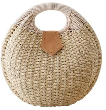 GOOPEEG Sac de plage d'été Sacs De Paille D'été Sac À Main En Paille Tissé Femmes Rotin Tissé À La Main Rond La Date et Les Vacances(Color:A)