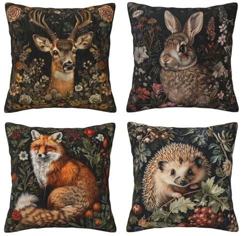 Lot de 4 housses de coussin décoratives vintage avec animaux de la forêt, cerf, renard, lapin, hérisson, pour canapé, maison, bureau, extérieur, 45,7 x 45,7 cm