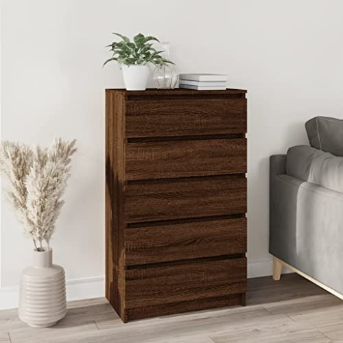 FOZICV Sideboard Braun Eichen-Optik 60x36x103 cm Holzwerkstoff Feuchtigkeitsbeständigkeit Viel Stauraum Schubladenschrank mit 5 Schubladen Ausgestattet Lagerschrank Stabile Oberplatte