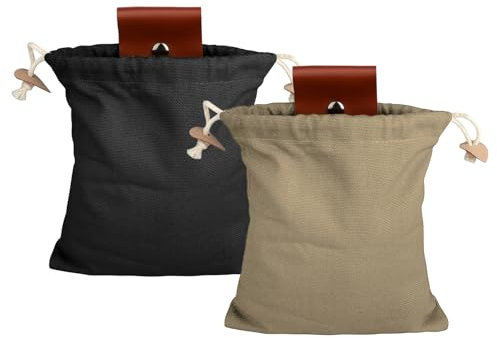 XDGBGFN 2er Pack Bushcraft Ausrüstung für Futtersuche, Pilzkorb Futtersack zum Wandern, Faltbare Ledergürtelbeutel Foraging Kordelzug und Schnalle Mushroom Foraging Gürteltasche (Schwarz&Khaki)