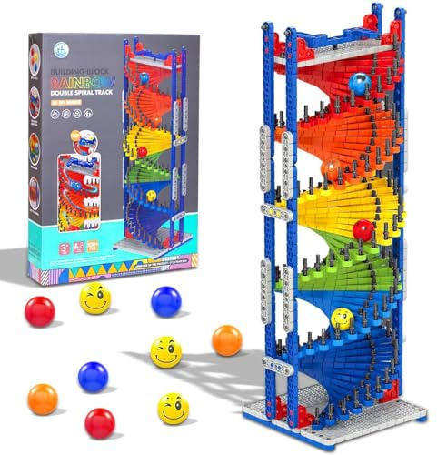 Xwin Sportseries 550 PCs Building Blocks Rainbow Double Spiral Race Track Smiley Marble Run Game Toys Set Kids Construction Playset for 3+ Years and Above