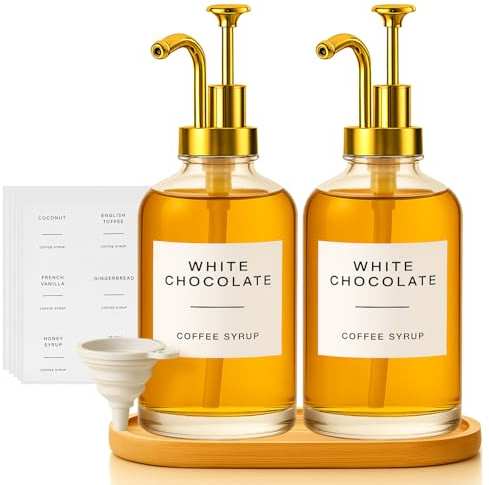 Lot de 2 distributeurs de sirop de café en Verre avec Pompe, Accessoires élégants pour Bar à café avec étiquette, Bouteille de sirop réutilisable pour la Cuisine (Gold)
