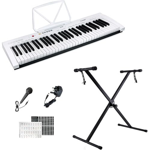 Crystals White Keyboard Piano, 61 Keys Electronic Music Keyboard Piano, Portable Music Digital Piano Single Braced Keyboard Piano Stand, MP3 Music Instrument Microphone & Built-in Speaker Adults/Kids