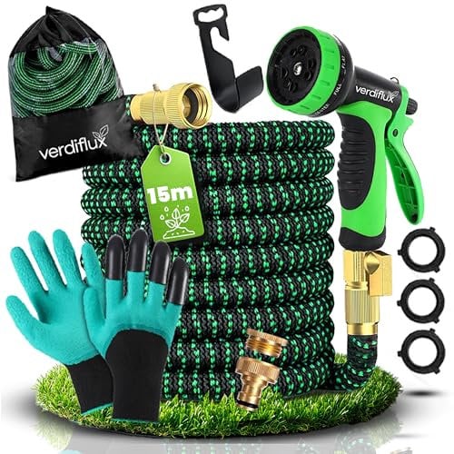 Manguera Jardin 15 metros con 10 Funciones de Riego, Manguera Extensible con Conectores 3/4 y 1/2, 2 Guantes Incluidos, Manguera de Alta Resistencia Ligera y Duradera, Color Verde Verdiflux